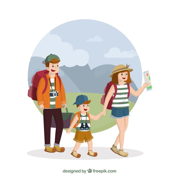 Familia feliz viajando en estilo hecho a mano