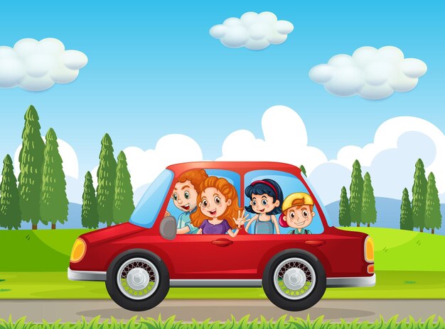 Familia feliz viajando por la naturaleza en un coche rojo