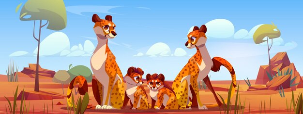 Familia de guepardos en áfrica fondo vectorial de dibujos animados paisaje de sabana con animal leopardo sentado cerca de la escena del gato bebé panorama de carácter de zoológico exótico tropical dibujo gepard madre y padre