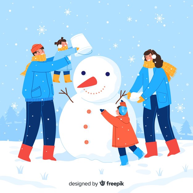 Familia haciendo juntos un muñeco de nieve