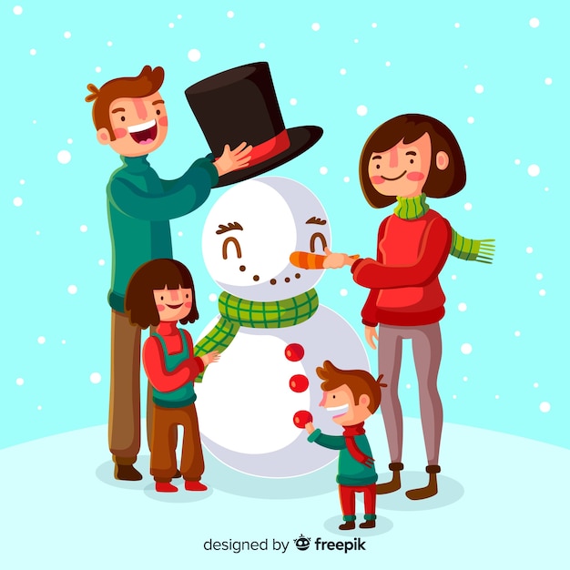 Familia haciendo muñeco de nieve