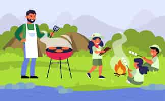 Vector gratuito familia haciendo un picnic de barbacoa en la orilla del río