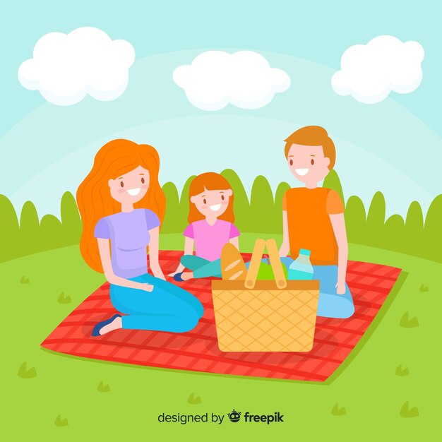 Familia haciendo un picnic dibujada a mano