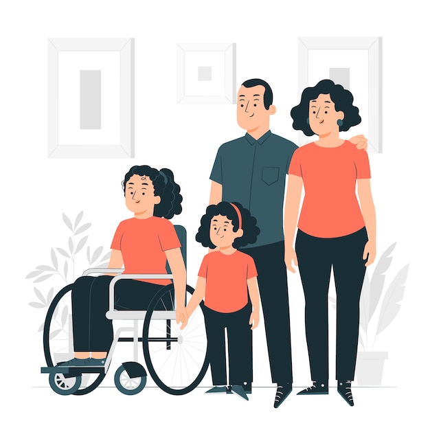 Familia con una ilustración del concepto de niño discapacitado