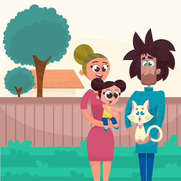 Familia con ilustración de mascotas