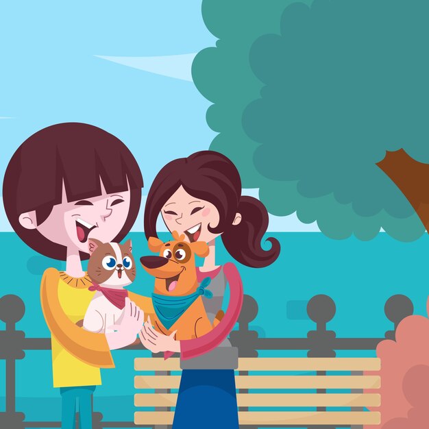 Familia con ilustración de mascotas