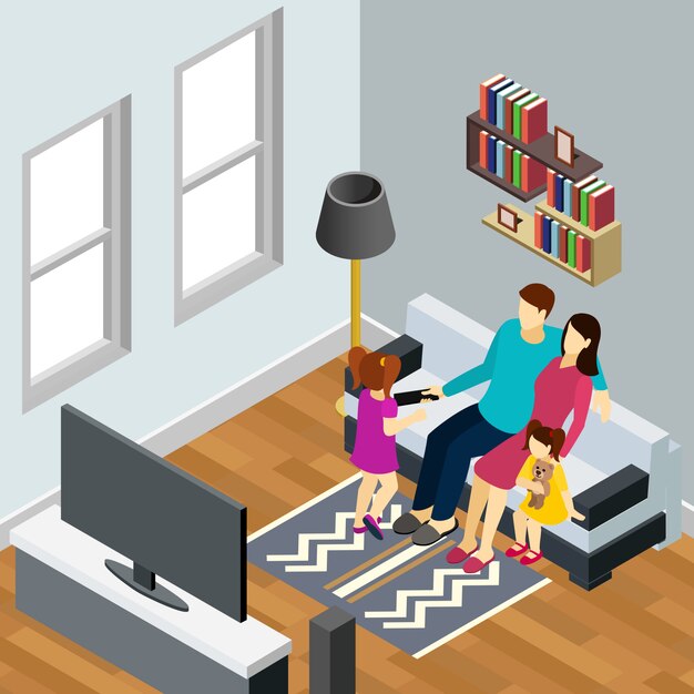 Familia joven con dos hijas pequeñas que ven la televisión