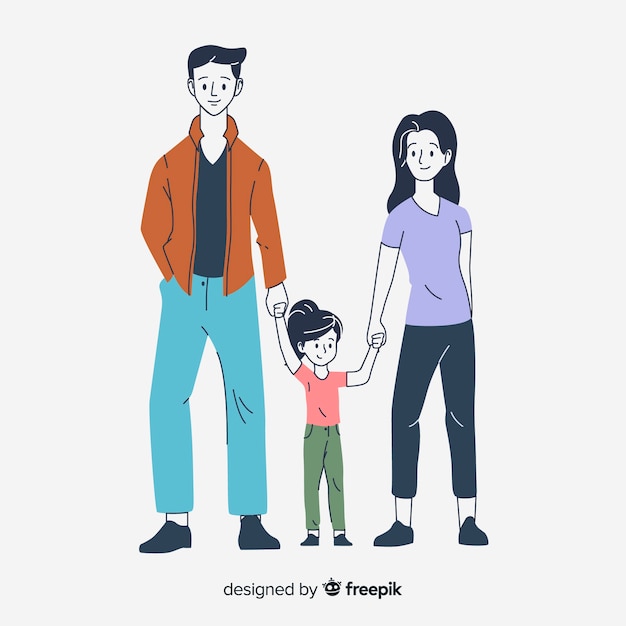 Familia joven en estilo de dibujo coreano