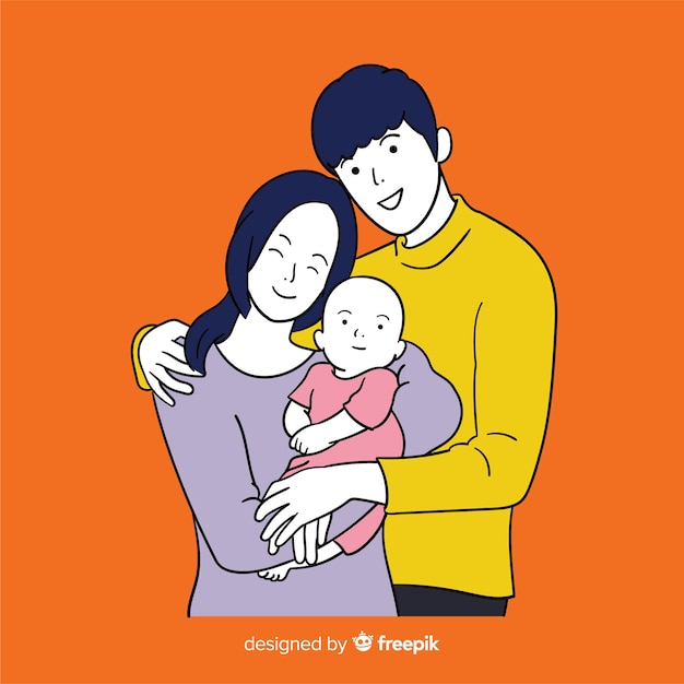 Familia joven en estilo de dibujo coreano