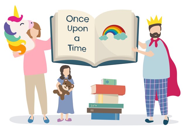 Familia leyendo un libro de cuentos