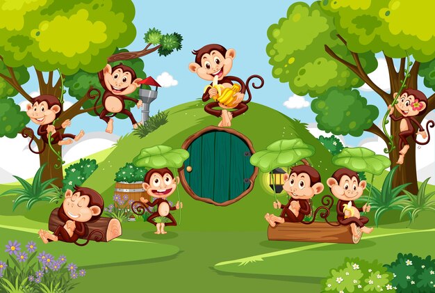 Familia de monos felices en el bosque