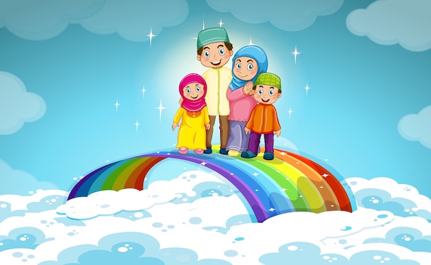 Familia musulmana de pie en el arco iris