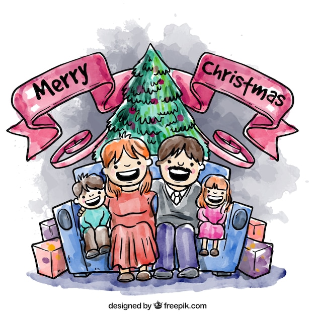 Vector gratuito familia de navidad de acuarela