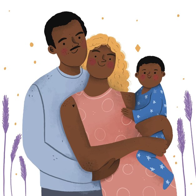 Familia negra dibujada a mano plana con un bebé