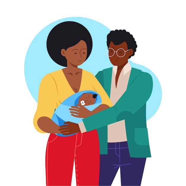 Familia negra dibujada a mano plana con una ilustración de bebé