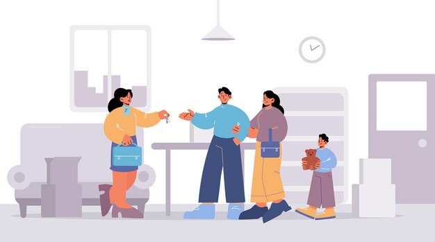 Familia con niño comprando casa agente de bienes raíces dando llaves a los compradores en la oficina Pareja feliz con niño comprando propiedad Padres personajes con hijo mudarse a un nuevo hogar Ilustración de vector de arte de línea