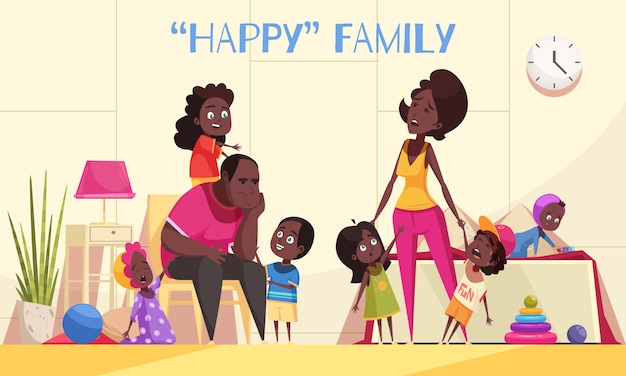 Familia numerosa afroamericana en el interior de la casa con ágiles niños felices y padres cansados ilustración vectorial de dibujos animados