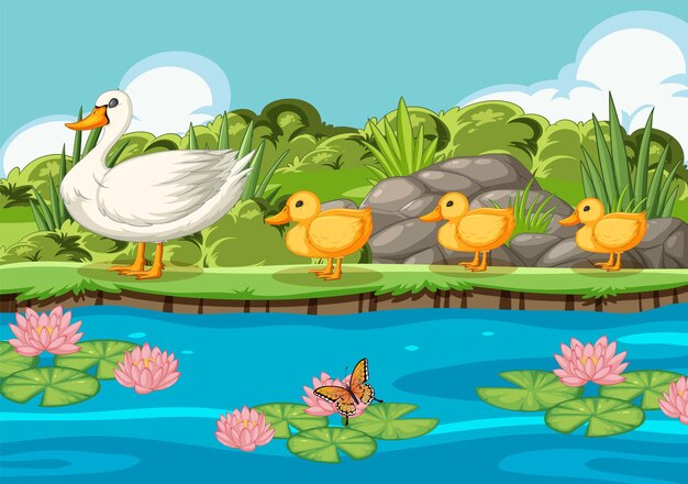 Familia de patos disfrutando del paisaje de la orilla