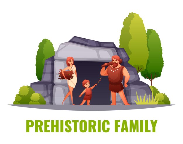 Familia de personas prehistóricas frente a la entrada de la cueva ilustración plana
