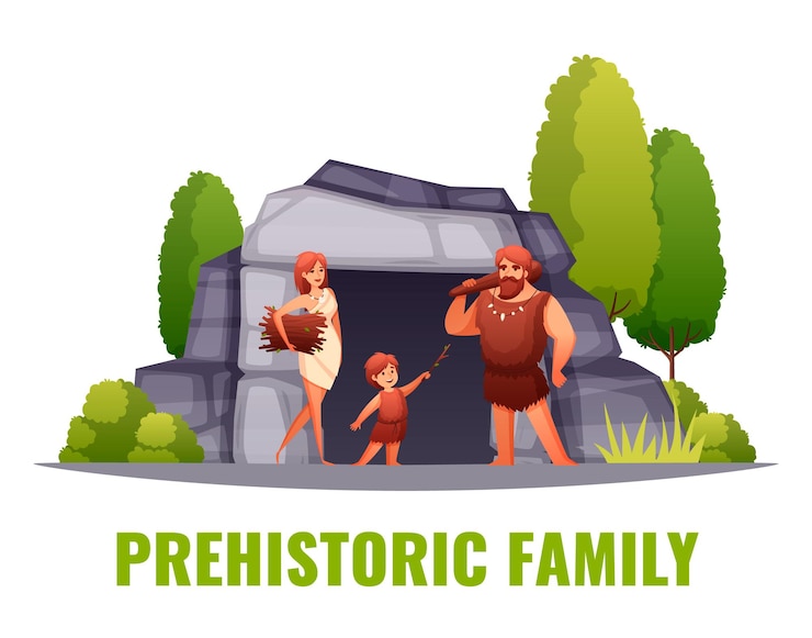 Vector gratuito familia de personas prehistóricas frente a la entrada de la cueva ilustración plana