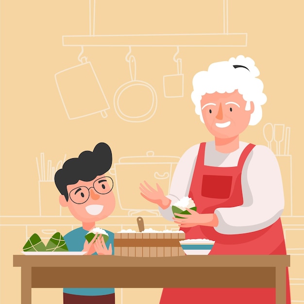 Familia preparando y comiendo arroz zongzi