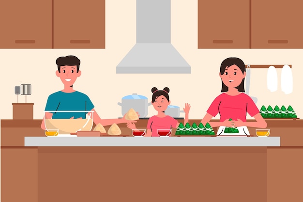 Familia preparando y comiendo zongzi