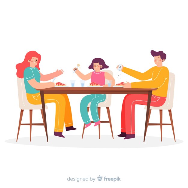Familia sentada alrededor de la mesa dibujada a mano