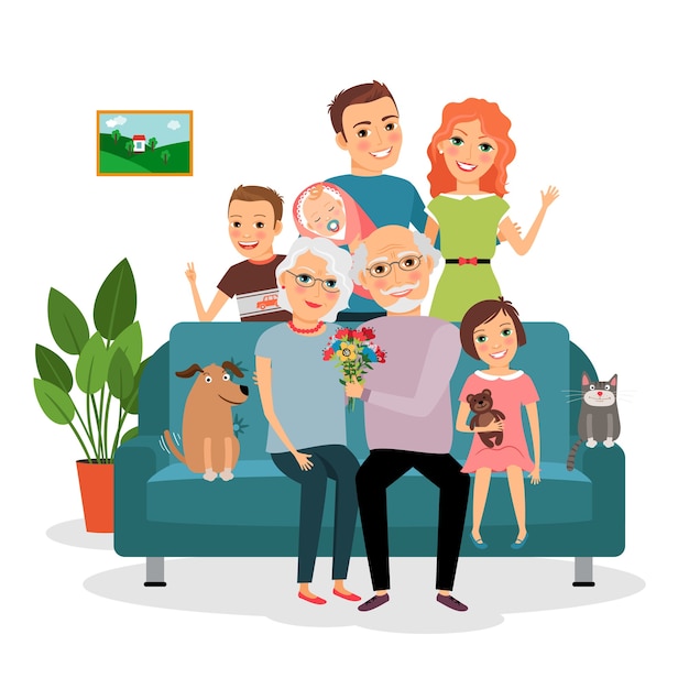 Familia en sofá. padre y madre, infante, hijo e hija, gato y perro, abuelo y abuela. ilustración vectorial