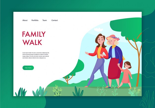 Familia de tres generaciones pasando tiempo juntos concepto plano banner con abuela madre niño caminando ilustración al aire libre