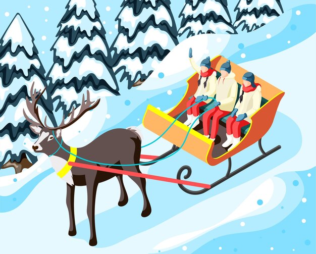 Familia en trineo tirado por renos en el parque o bosque durante las vacaciones de invierno ilustración isométrica