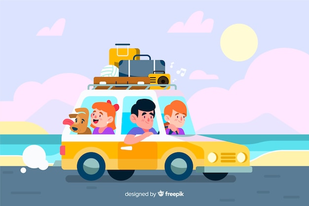 Familia viajando en coche junto al mar