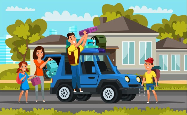 Familia en viaje por carretera niños y padres empacando personajes de dibujos animados de automóviles Vacaciones viajes vacaciones viaje en automóvil