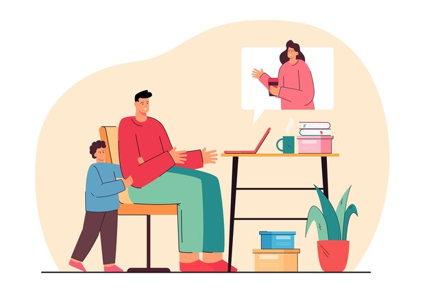 Familia con videollamada durante la pandemia. Ilustración plana