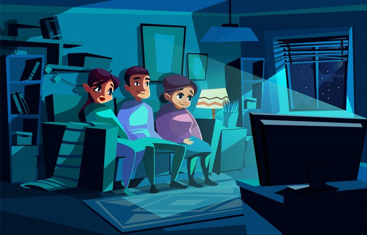 Vector gratuito familia viendo noche tv ilustración de pareja hombre y mujer sentada en sofá