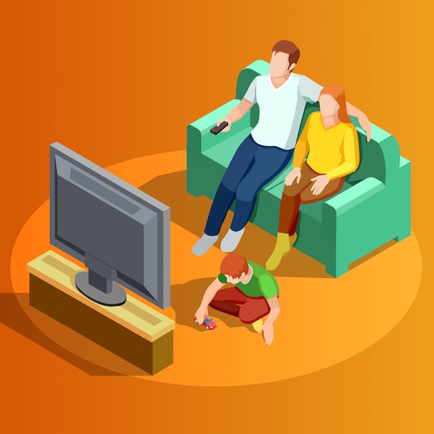 Vector gratuito familia viendo televisión imagen isométrica en casa