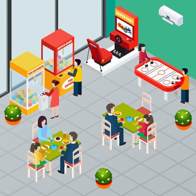 Familias con niños almorzando y jugando máquinas de juego isométrica 3d
