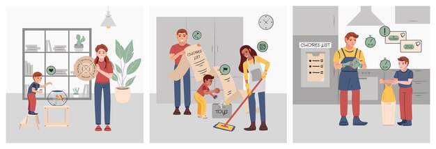 Familias con niños que realizan tareas domésticas de acuerdo con listas de ilustraciones vectoriales aisladas de conjunto plano