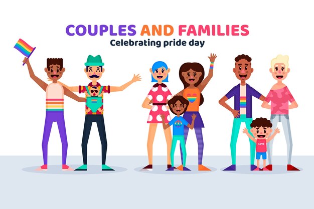 Familias y parejas celebrando juntos el día del orgullo