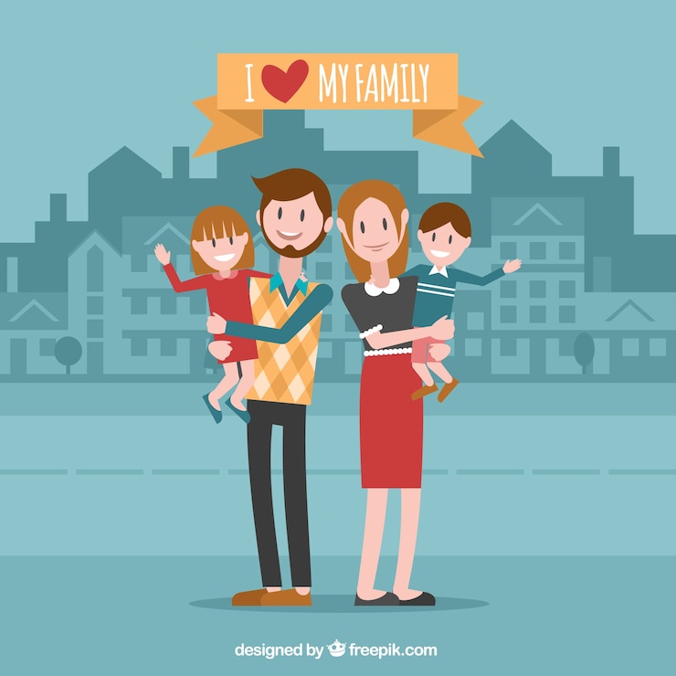 Vector gratuito family linda con edificios de fondo