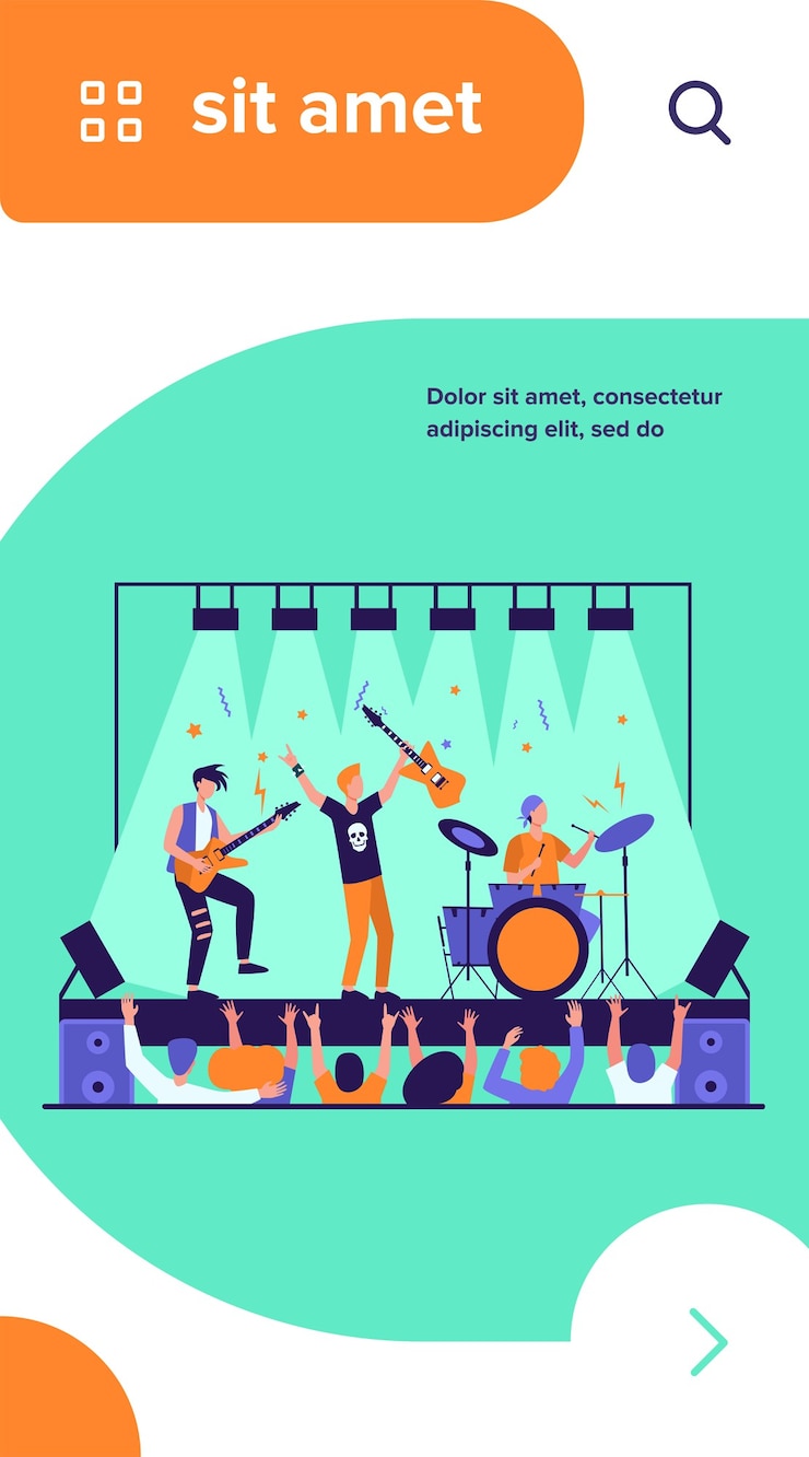 Vector gratuito famosa banda de rock tocando música y cantando en el escenario ilustración vectorial plana