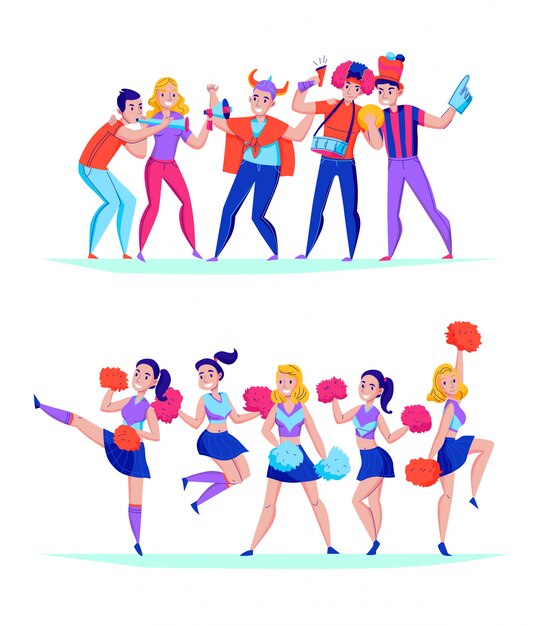Fans que animan al equipo 2 composiciones horizontales planas con partidarios de cuernos que soplan y alegre ilustración de niñas saltando