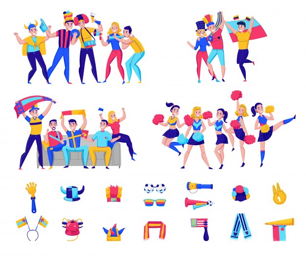 Fans que animan el ícono del equipo con grupos de personas y atributos de fútbol que animan la ilustración del equipo
