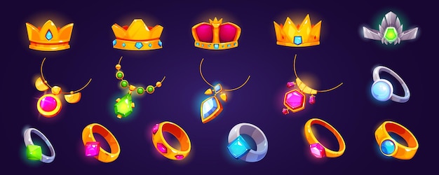 Fantasía anillo medieval amuleto corona icono juego ui vector conjunto activo de inventario de joyas reales de oro para habilidad de mago o tesoro de logro con elemento de gema Diseño colgante de joyería mágica brillante antigua
