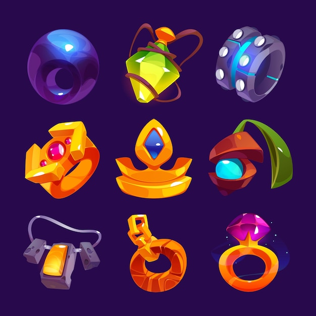 Fantasía medieval anillo de oro colgante ui juego icono vector mágico real inventario activo elemento con hermosa piedra preciosa dibujos animados amuleto tesoro accesorios conjunto cuento de hadas accesorios logros