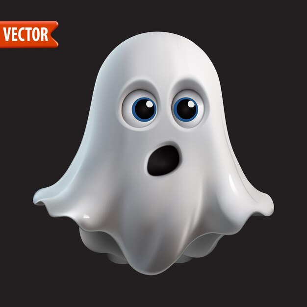 Fantasma 3D realista de Halloween con expresión sorprendida contra un fondo oscuro Monstruo espíritu blanco
