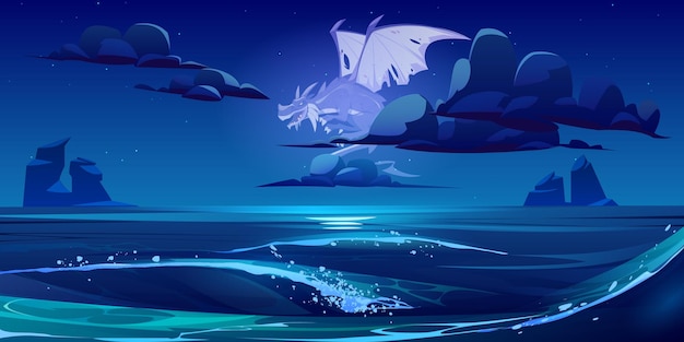 Fantasma de dragón de cuento de hadas volando en el cielo bajo el mar por la noche. Ilustración de dibujos animados de vector de criatura aterradora de fantasía, alma de bestia de mitología muerta con alas en el cielo oscuro con nubes