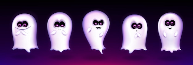 Vector gratuito fantasma lindo, criatura divertida de halloween que expresa diferentes emociones, emoji de espíritu espeluznante sonriendo, gritando y diciendo boo. mascota de monstruo de fantasía con cara de kawaii encantadora, ilustración de vector 3d realista, conjunto