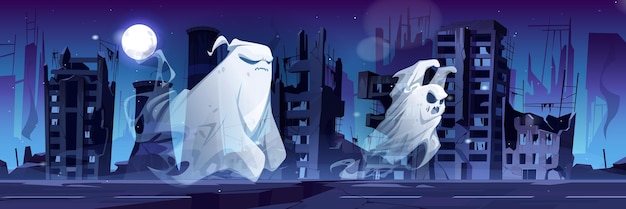 Fantasmas espeluznantes en la ciudad abandonada destruida en la noche