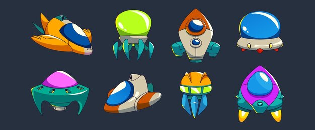 Fantásticas naves espaciales ufo para videojuegos Ilustración vectorial de dibujos animados de naves espaciales alienígenas cósmicas futuristas para gui Scifi funny shuttle y vehículo para viajar y explorar el espacio