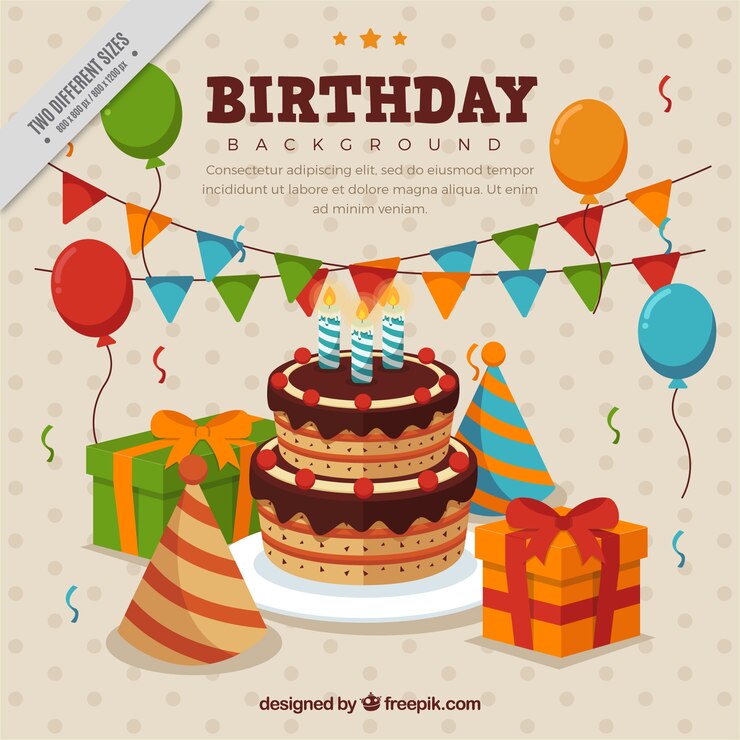 Vector gratuito fantástico fondo con decoración de cumpleaños y pastel